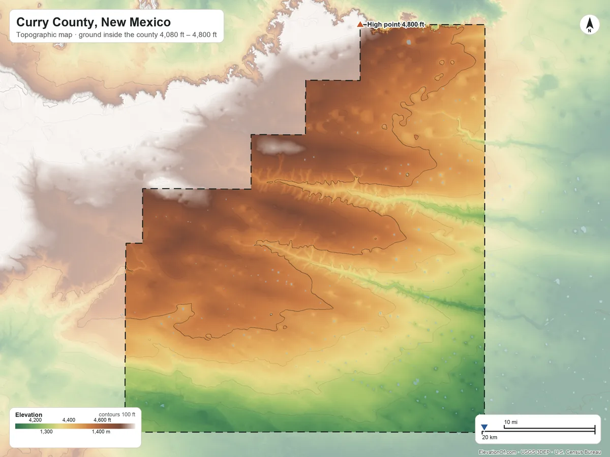 Topographic elevation map of Curry County, New Mexico, shaded from 4,080 ft on the southeast side to 4,800 ft on the north side