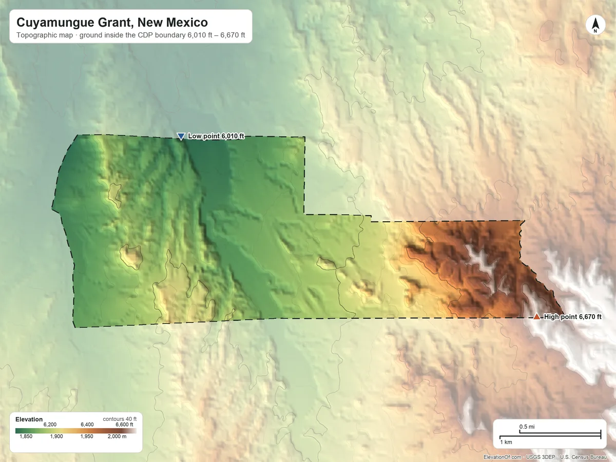 Topographic elevation map of Cuyamungue Grant, New Mexico, shaded from 6,010 ft on the northwest side to 6,670 ft on the southeast side