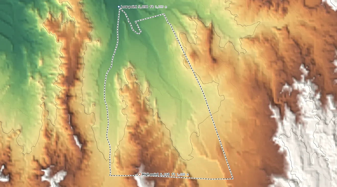 Topographic elevation map of Cuyamungue, New Mexico, shaded from 5,890 ft on the northwest side to 6,160 ft on the south side