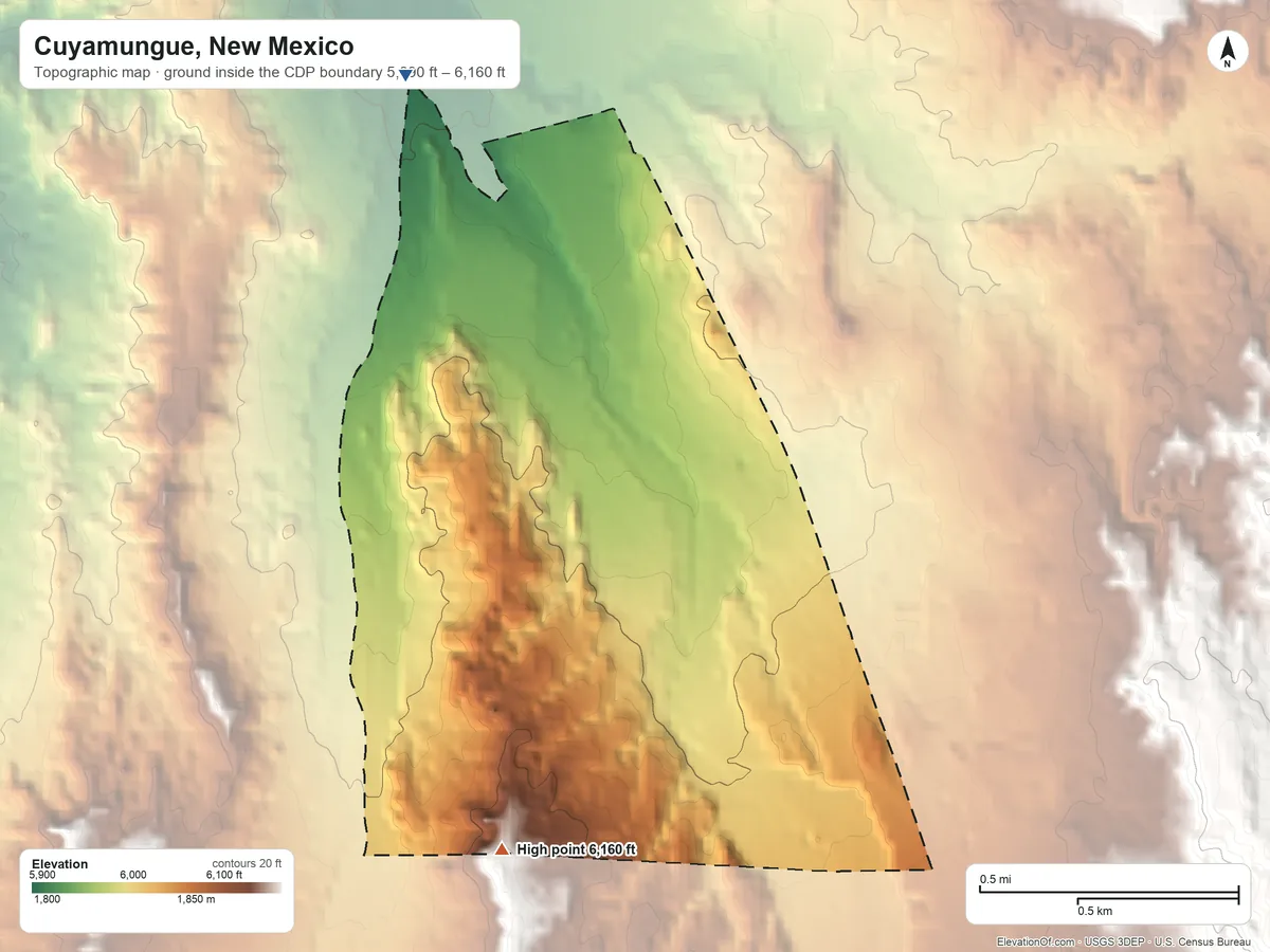 Topographic elevation map of Cuyamungue, New Mexico, shaded from 5,890 ft on the northwest side to 6,160 ft on the south side