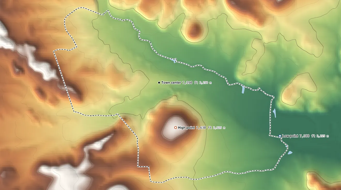 Topographic elevation map of Datil, New Mexico, shaded from 7,300 ft on the southeast side to 7,630 ft on the south side