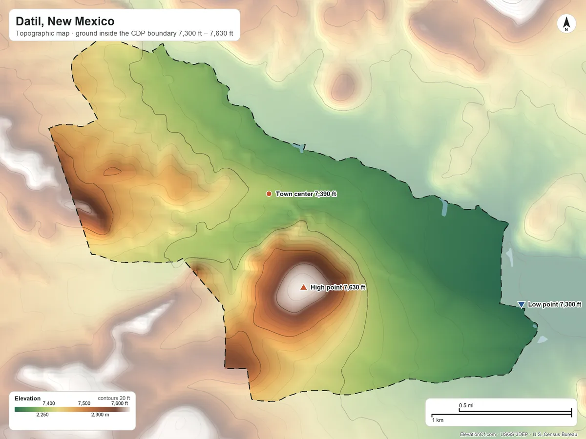 Topographic elevation map of Datil, New Mexico, shaded from 7,300 ft on the southeast side to 7,630 ft on the south side