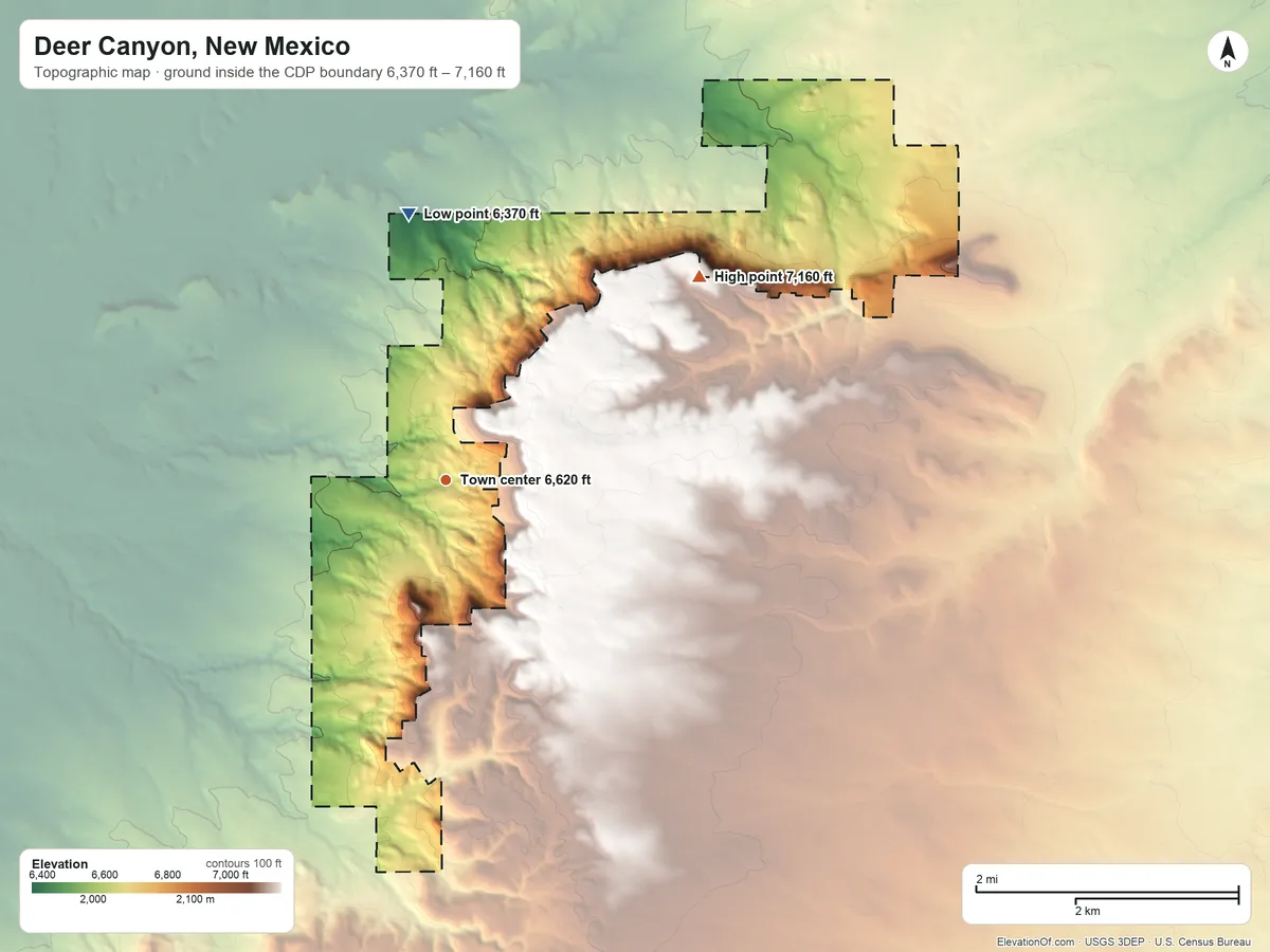 Topographic elevation map of Deer Canyon, New Mexico, shaded from 6,370 ft on the north side to 7,160 ft on the northeast side