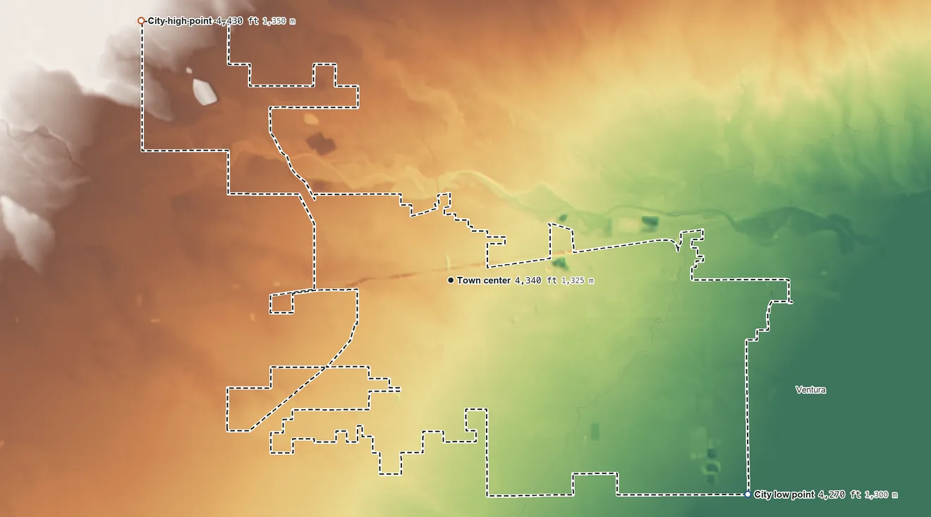 Topographic elevation map of Deming, New Mexico, shaded from 4,270 ft on the southeast side to 4,430 ft on the northwest side
