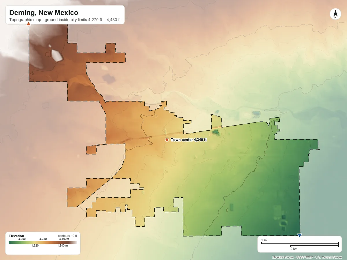 Topographic elevation map of Deming, New Mexico, shaded from 4,270 ft on the southeast side to 4,430 ft on the northwest side