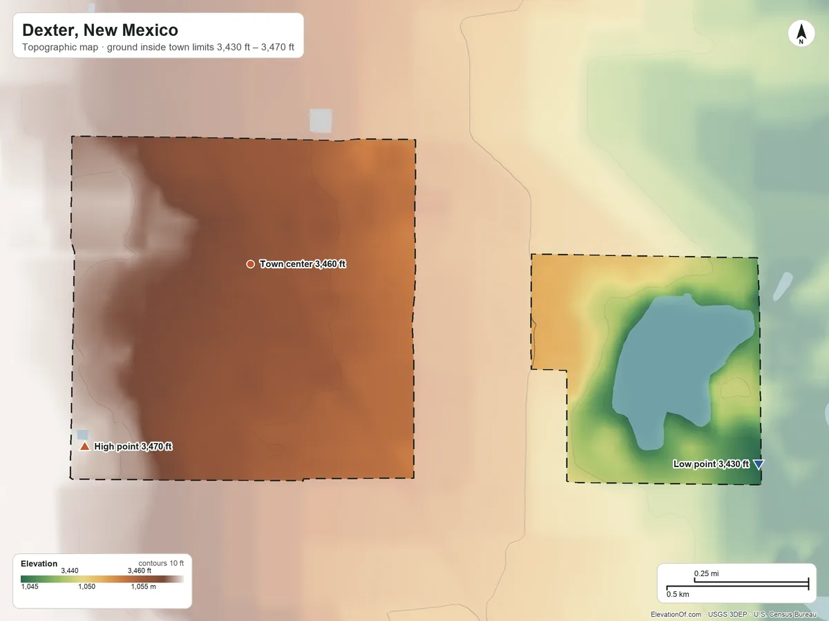 Topographic elevation map of Dexter, New Mexico, shaded from 3,430 ft on the east side to 3,470 ft on the southwest side