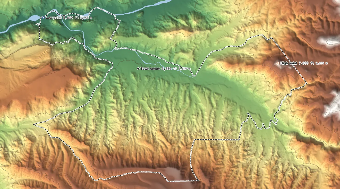 Topographic elevation map of Dixon, New Mexico, shaded from 5,830 ft on the northwest side to 7,500 ft on Cerro Puntiagudo
