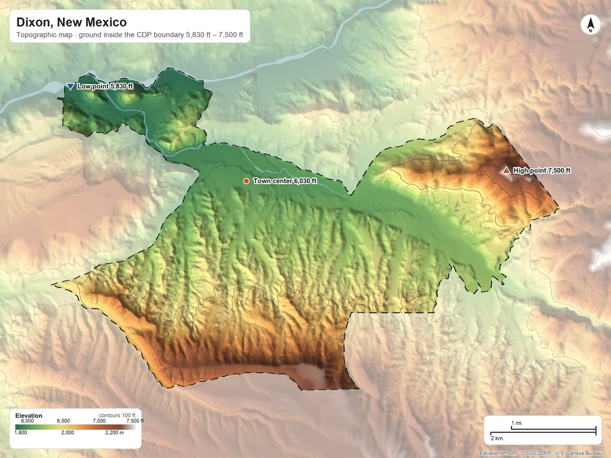 Topographic elevation map of Dixon, New Mexico, shaded from 5,830 ft on the northwest side to 7,500 ft on Cerro Puntiagudo