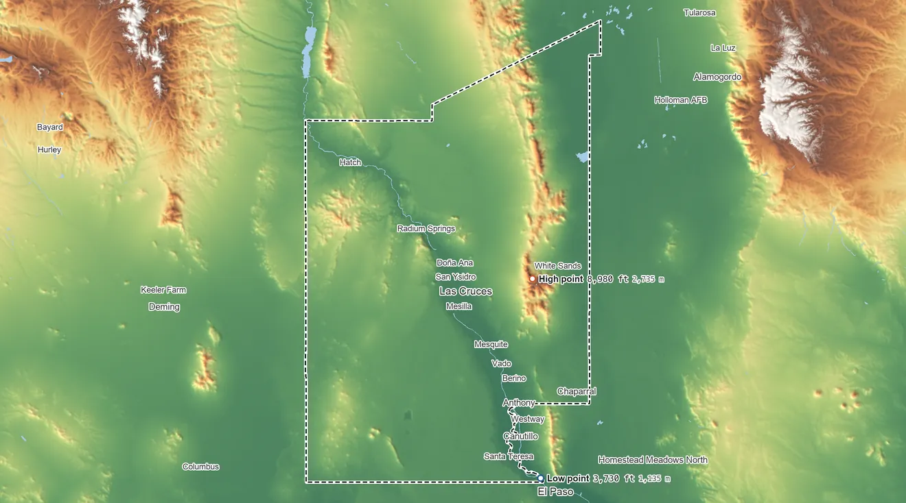 Topographic elevation map of Doña Ana County, New Mexico, shaded from 3,730 ft on the south side to 8,980 ft on Organ Needle
