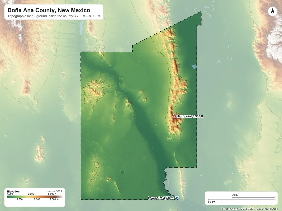 Topographic elevation map of Doña Ana County, New Mexico, shaded from 3,730 ft on the south side to 8,980 ft on Organ Needle