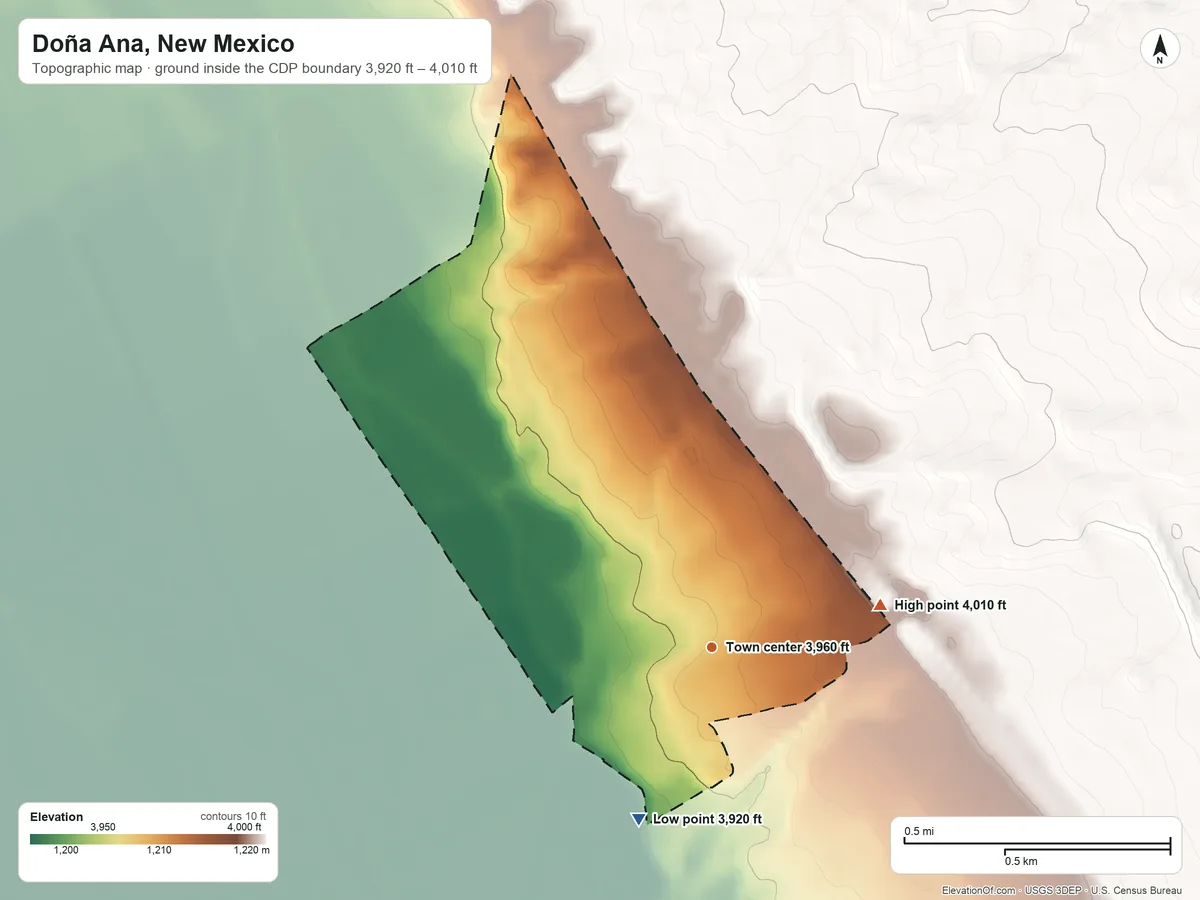 Topographic elevation map of Doña Ana, New Mexico, shaded from 3,920 ft on the southwest side to 4,010 ft on the east side