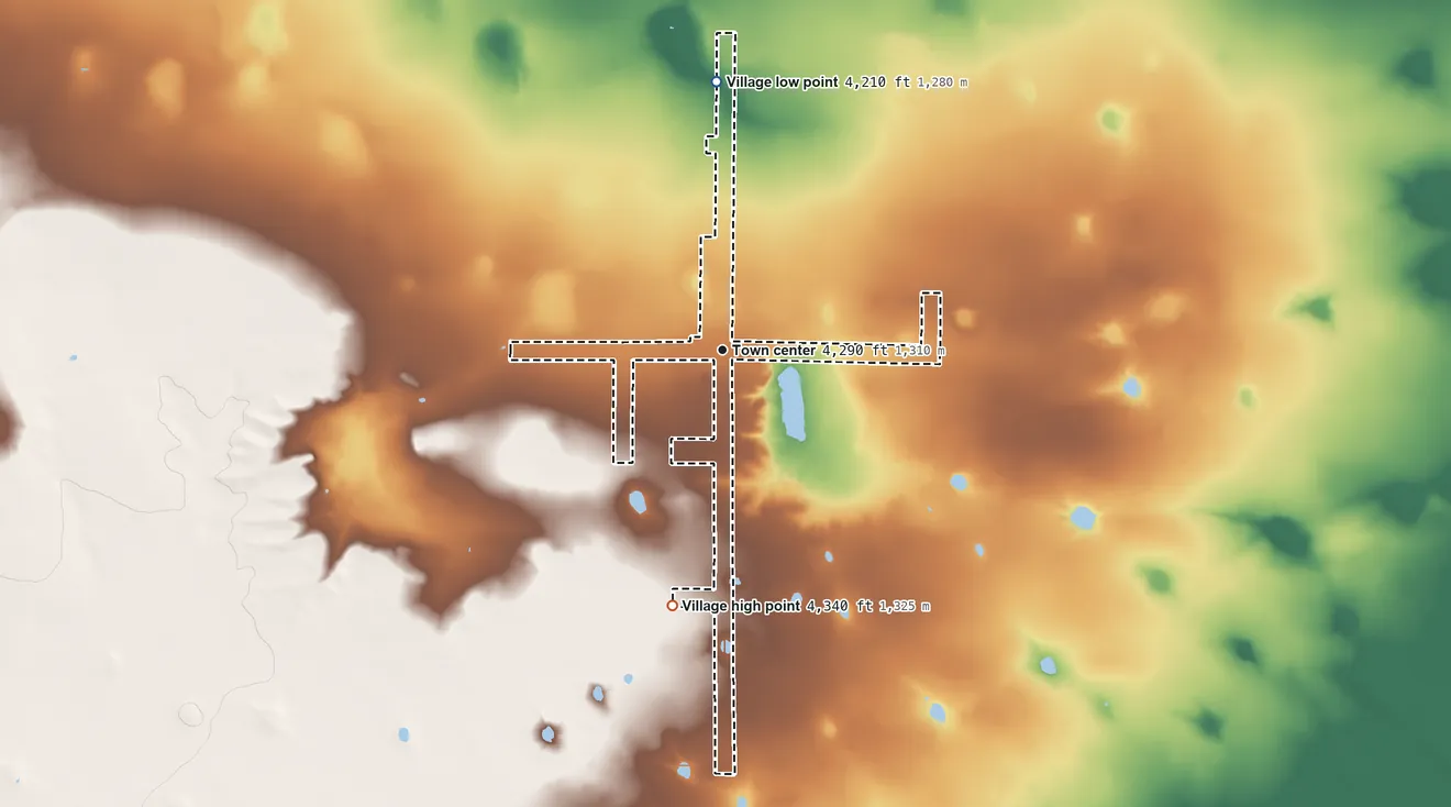 Topographic elevation map of Dora, New Mexico, shaded from 4,210 ft on the north side to 4,340 ft on the south side