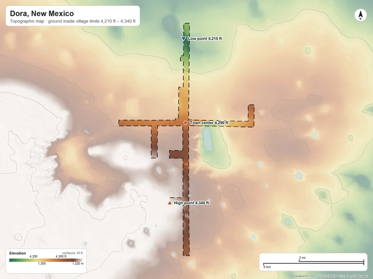 Topographic elevation map of Dora, New Mexico, shaded from 4,210 ft on the north side to 4,340 ft on the south side