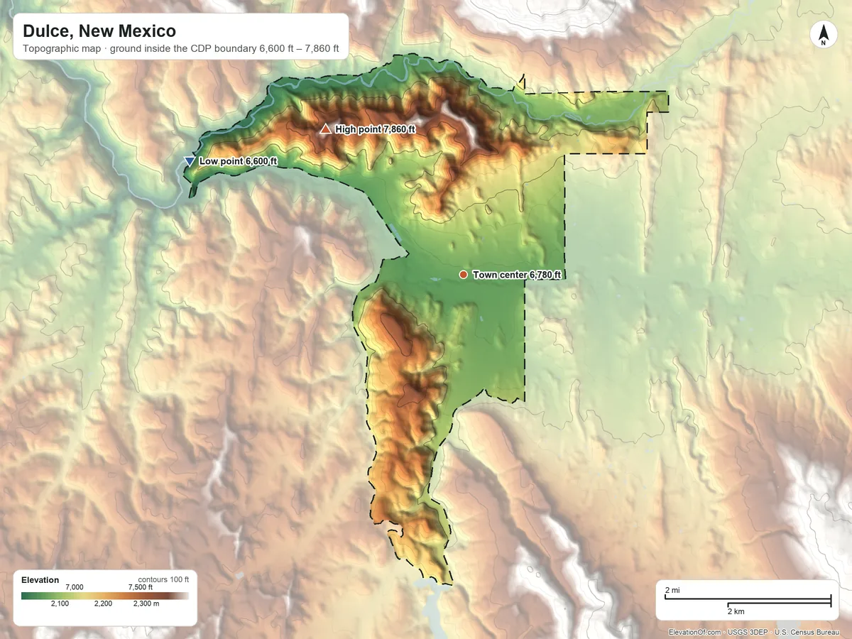 Topographic elevation map of Dulce, New Mexico, shaded from 6,600 ft on the northwest side to 7,860 ft on the northwest side