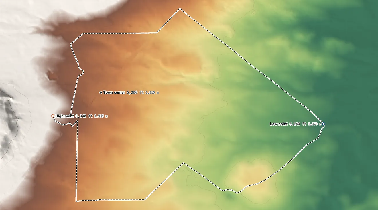 Topographic elevation map of Duran, New Mexico, shaded from 6,140 ft on the east side to 6,340 ft on the southwest edge, below higher ground just outside