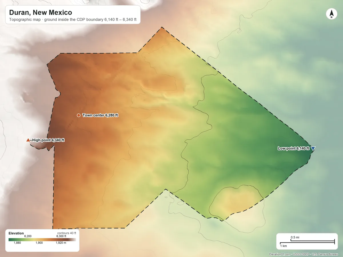Topographic elevation map of Duran, New Mexico, shaded from 6,140 ft on the east side to 6,340 ft on the southwest edge, below higher ground just outside