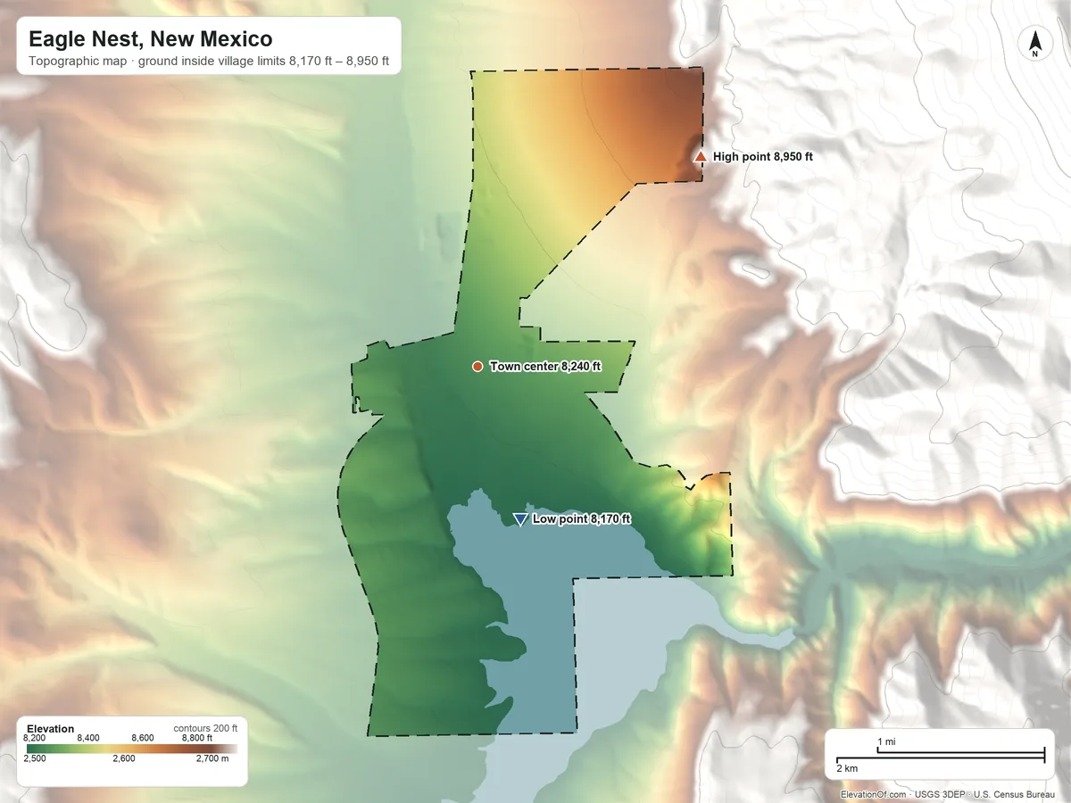 Topographic elevation map of Eagle Nest, New Mexico, shaded from 8,170 ft on the south side to 8,950 ft at the foot of the Cimarron Range