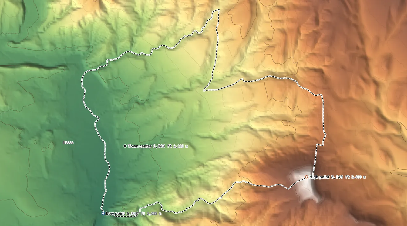 Topographic elevation map of East Pecos, New Mexico, shaded from 6,840 ft on the south side to 8,140 ft on the east side