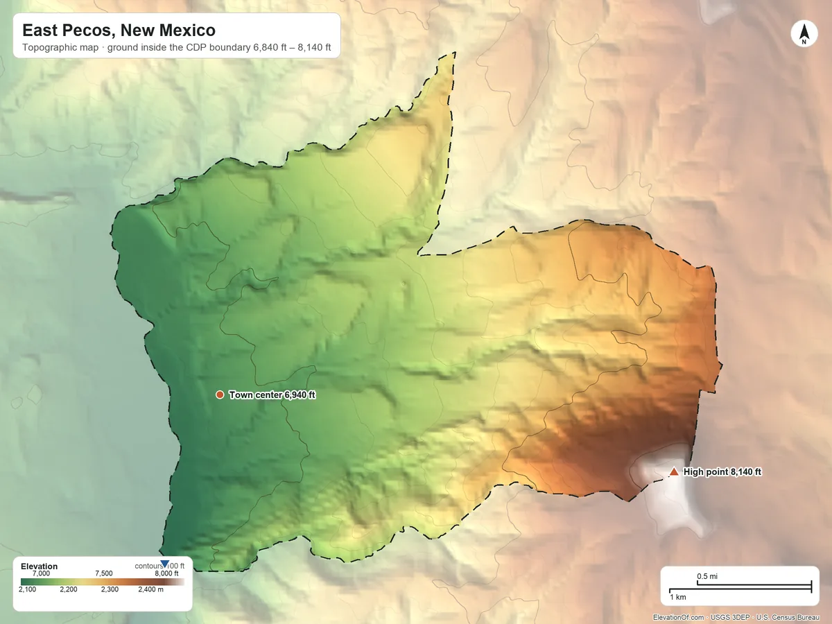 Topographic elevation map of East Pecos, New Mexico, shaded from 6,840 ft on the south side to 8,140 ft on the east side