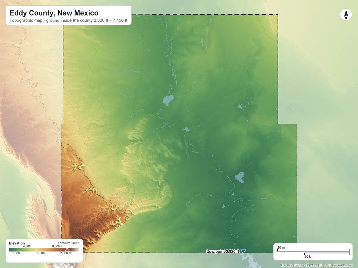 Topographic elevation map of Eddy County, New Mexico, shaded from 2,820 ft on the southeast side to 7,450 ft on the southwest side