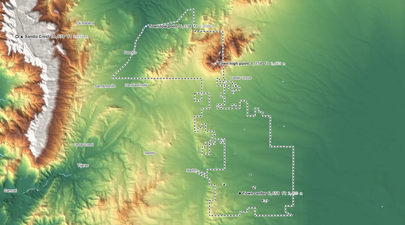 Topographic elevation map of Edgewood, New Mexico, shaded from 6,330 ft on the northwest side to 8,750 ft on South Mountain