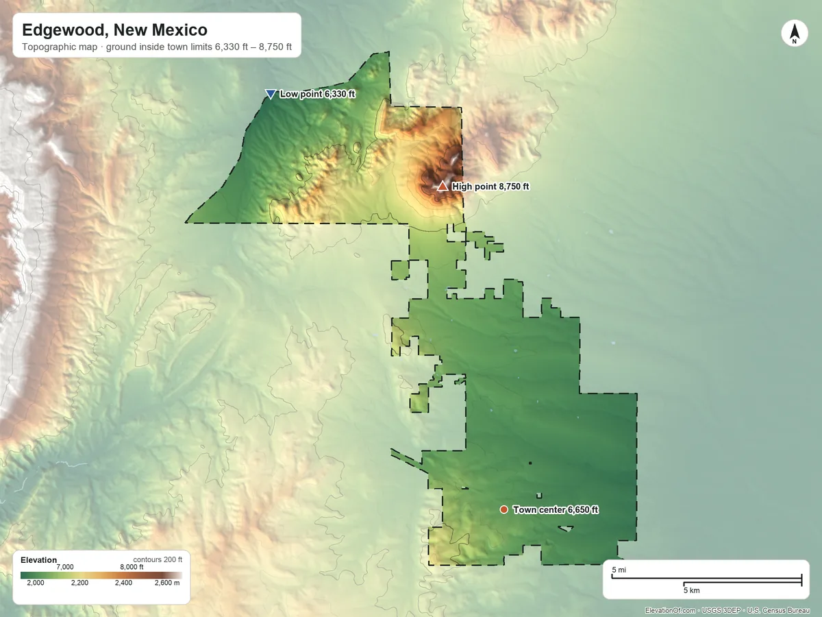 Topographic elevation map of Edgewood, New Mexico, shaded from 6,330 ft on the northwest side to 8,750 ft on South Mountain
