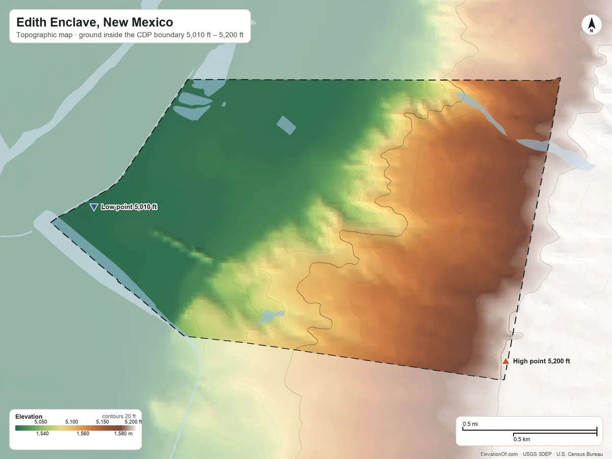 Topographic elevation map of Edith Enclave, New Mexico, shaded from 5,010 ft on the west side to 5,200 ft on the southeast side