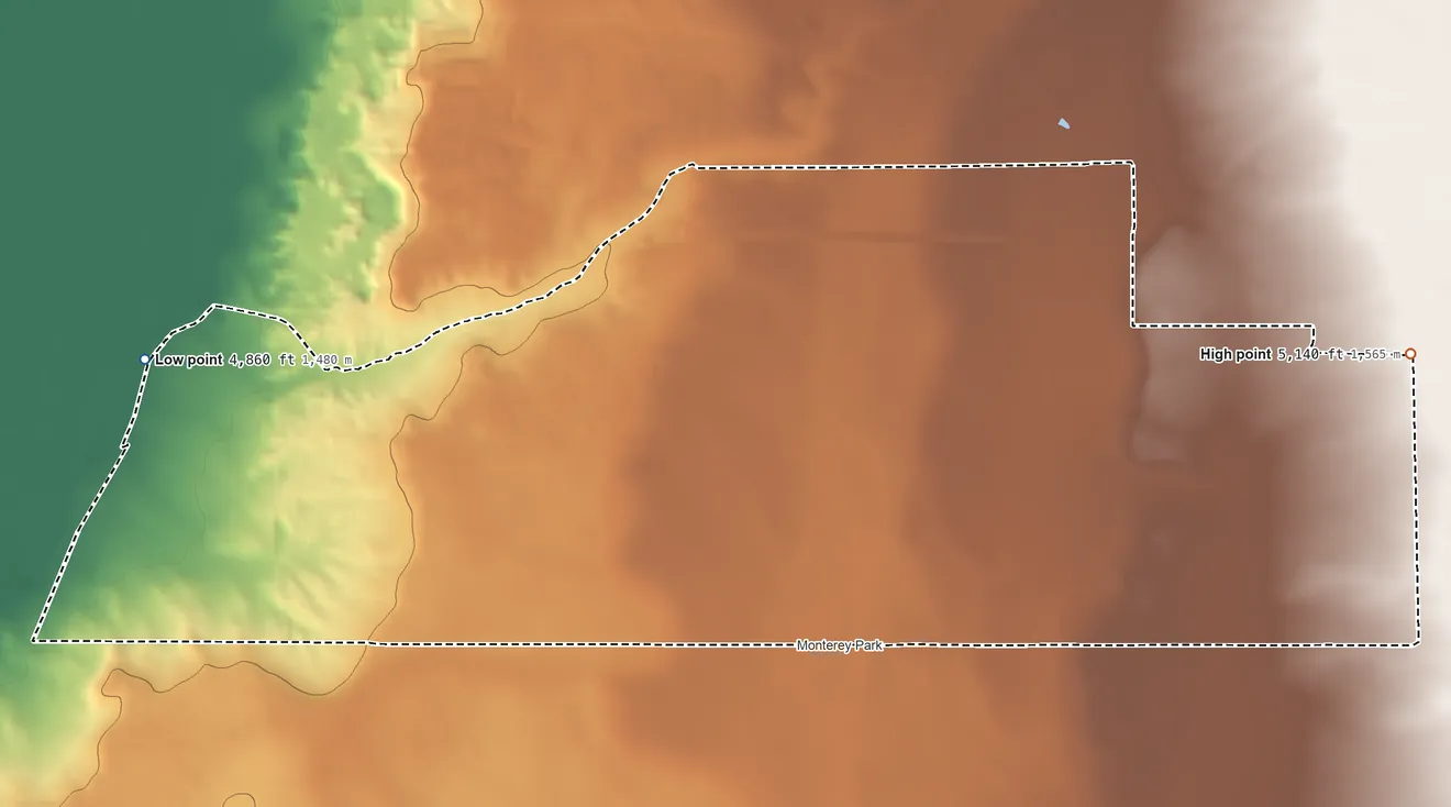Topographic elevation map of El Cerro Mission, New Mexico, shaded from 4,860 ft on the west side to 5,140 ft on the east side