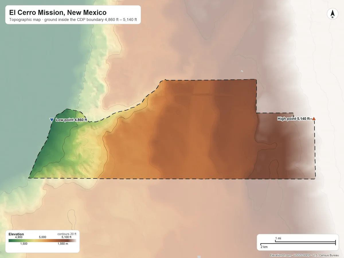 Topographic elevation map of El Cerro Mission, New Mexico, shaded from 4,860 ft on the west side to 5,140 ft on the east side