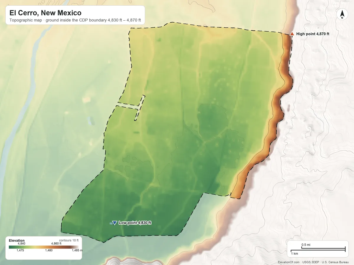 Topographic elevation map of El Cerro, New Mexico, shaded from 4,830 ft on the southwest side to 4,870 ft on the northeast side