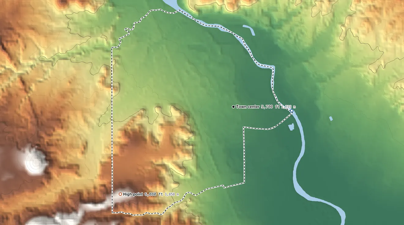 Topographic elevation map of El Duende, New Mexico, shaded from 5,660 ft on the east side to 6,080 ft on the southwest edge, below higher ground just outside