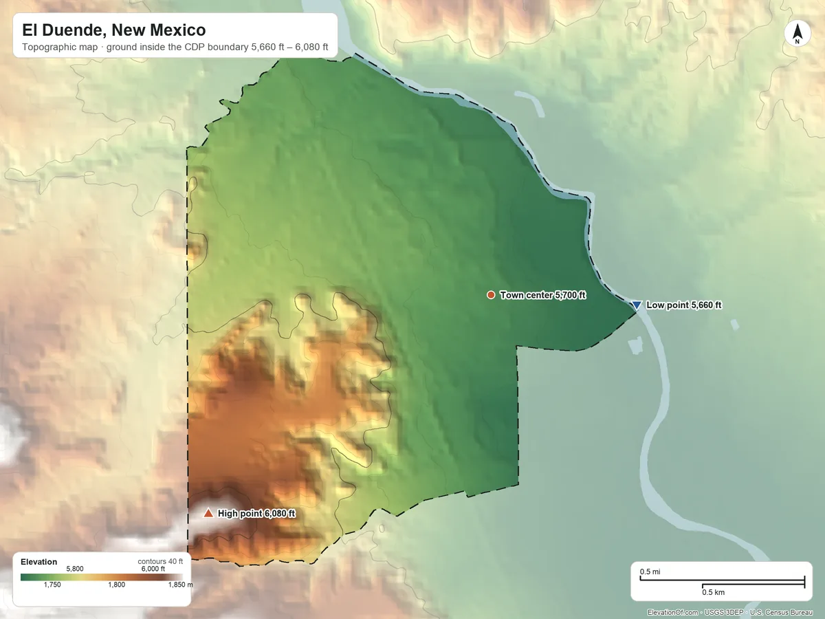 Topographic elevation map of El Duende, New Mexico, shaded from 5,660 ft on the east side to 6,080 ft on the southwest edge, below higher ground just outside