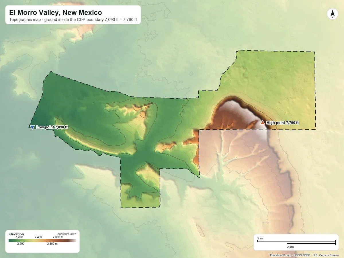 Topographic elevation map of El Morro Valley, New Mexico, shaded from 7,090 ft on the west side to 7,790 ft on the east side