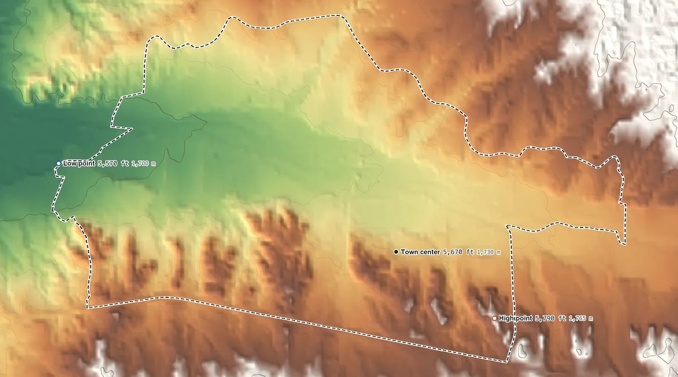 Topographic elevation map of El Rancho, New Mexico, shaded from 5,570 ft on the west side to 5,790 ft on the southeast edge, below higher ground just outside