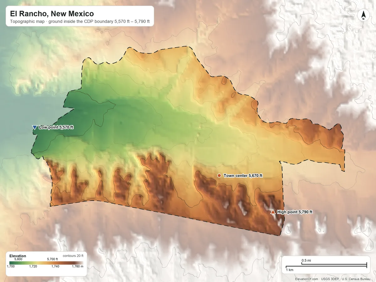 Topographic elevation map of El Rancho, New Mexico, shaded from 5,570 ft on the west side to 5,790 ft on the southeast edge, below higher ground just outside