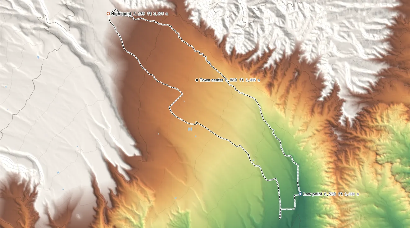 Topographic elevation map of El Rito, New Mexico, shaded from 6,530 ft on the southeast side to 7,130 ft at the foot of the Tusas Mountains