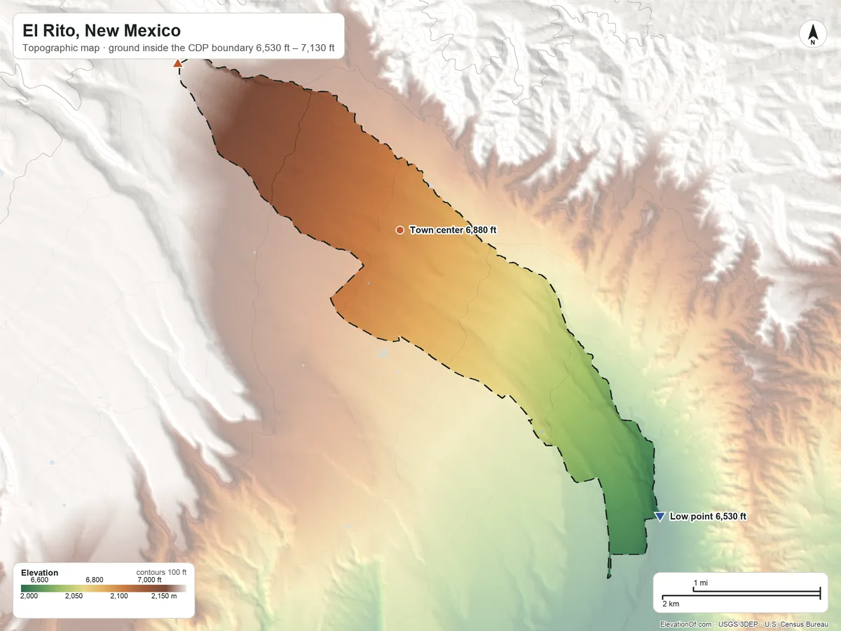 Topographic elevation map of El Rito, New Mexico, shaded from 6,530 ft on the southeast side to 7,130 ft at the foot of the Tusas Mountains