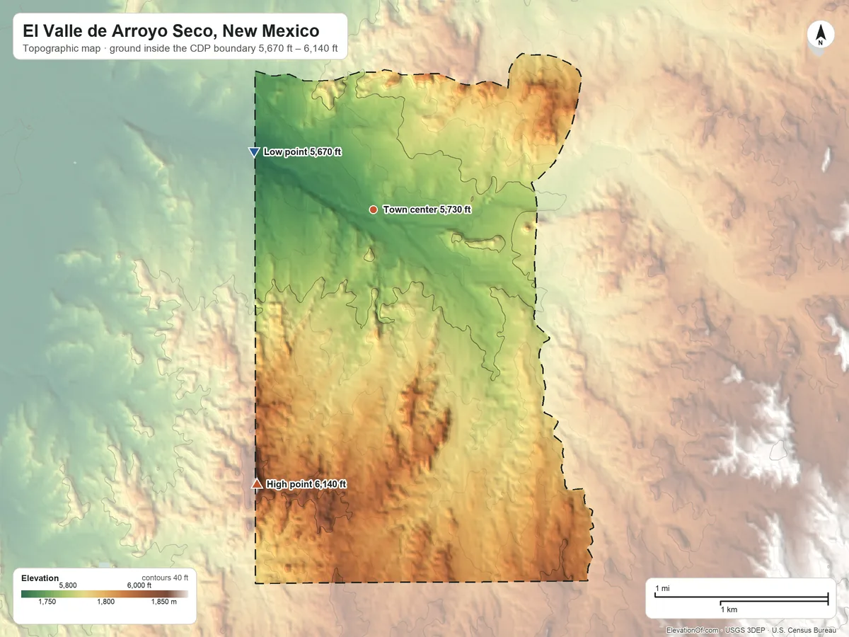 Topographic elevation map of El Valle de Arroyo Seco, New Mexico, shaded from 5,670 ft on the northwest side to 6,140 ft on the southwest side