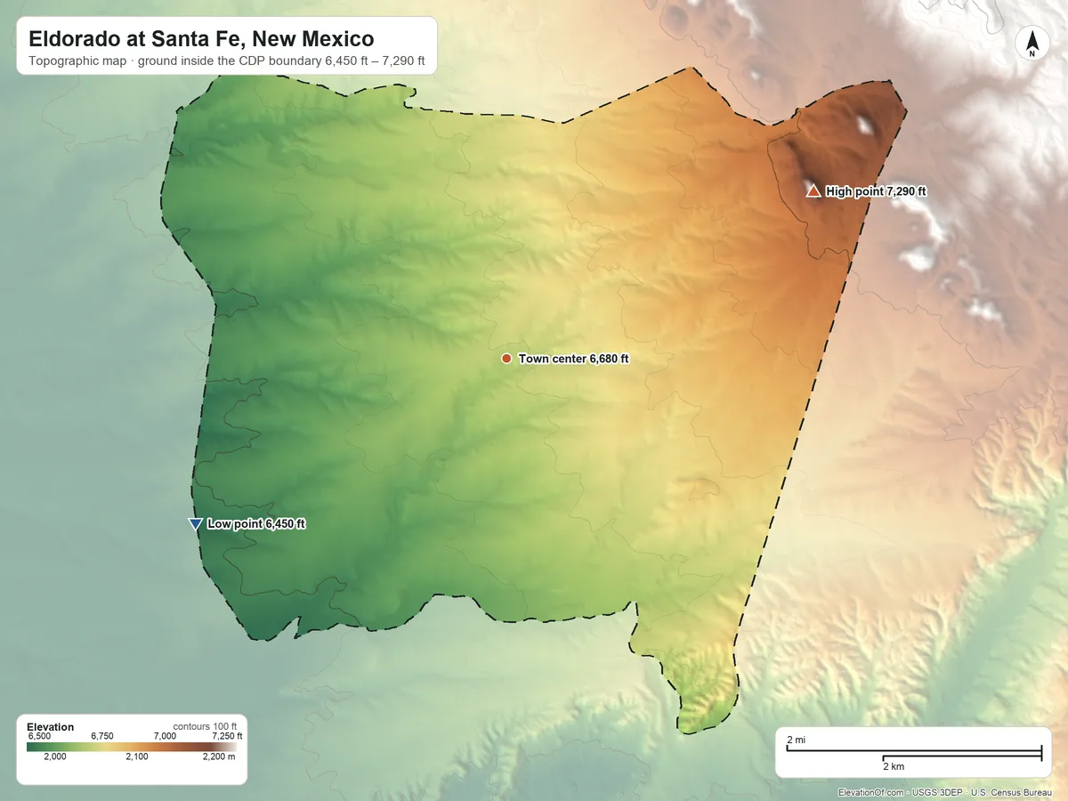 Topographic elevation map of Eldorado at Santa Fe, New Mexico, shaded from 6,450 ft on the southwest side to 7,290 ft at the foot of the Cerrillos Hills