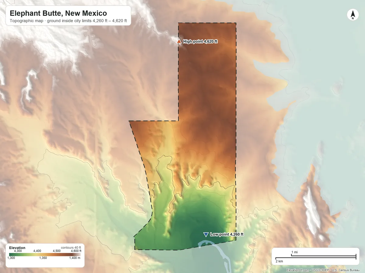 Topographic elevation map of Elephant Butte, New Mexico, shaded from 4,260 ft on the south side to 4,620 ft on the northwest side