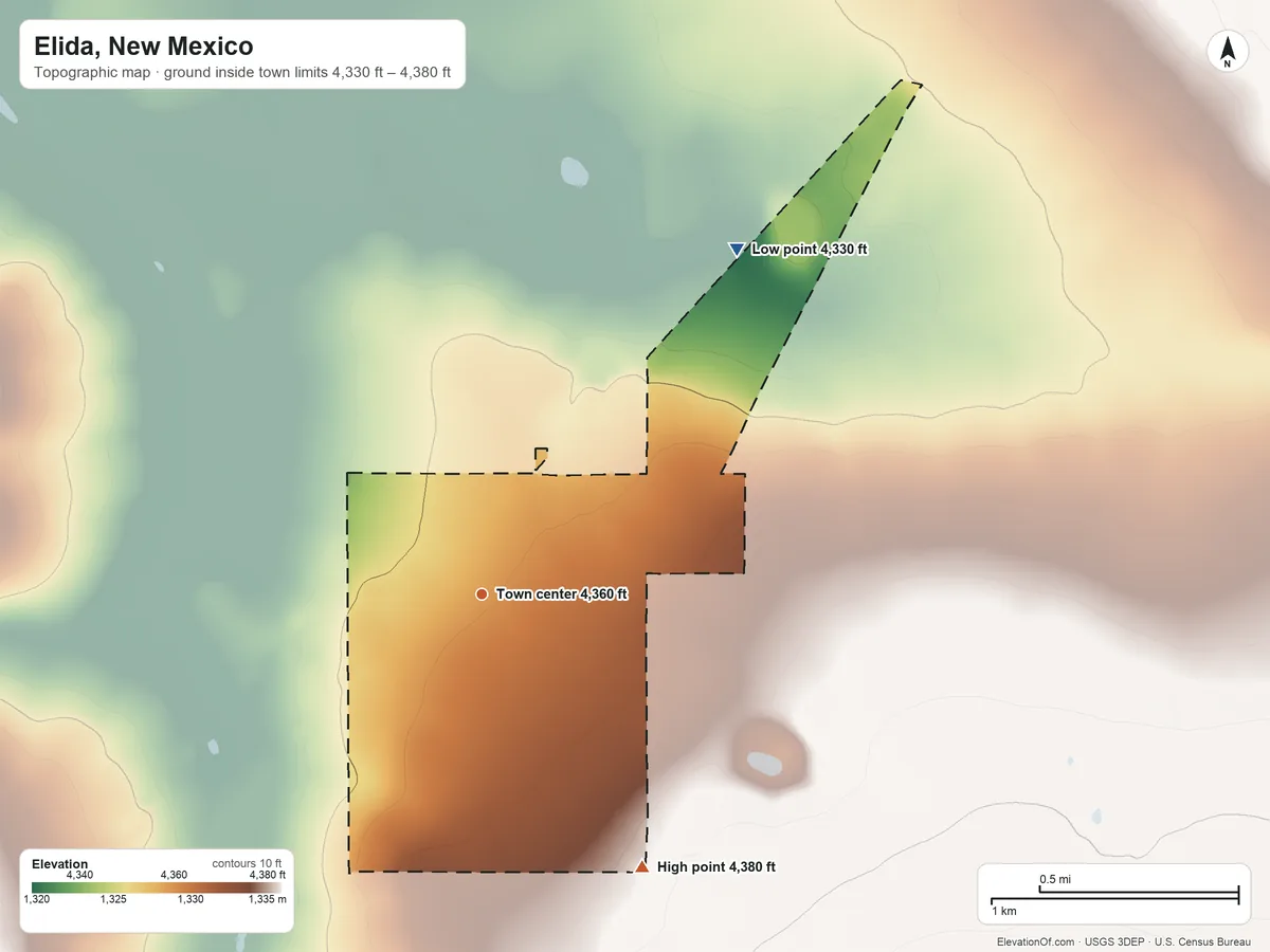 Topographic elevation map of Elida, New Mexico, shaded from 4,330 ft on the northeast side to 4,380 ft on the southeast side