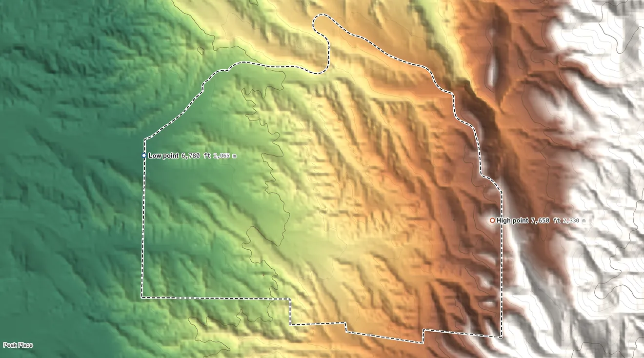 Topographic elevation map of Encantado, New Mexico, shaded from 6,780 ft on the west side to 7,650 ft on the east edge, below higher ground just outside