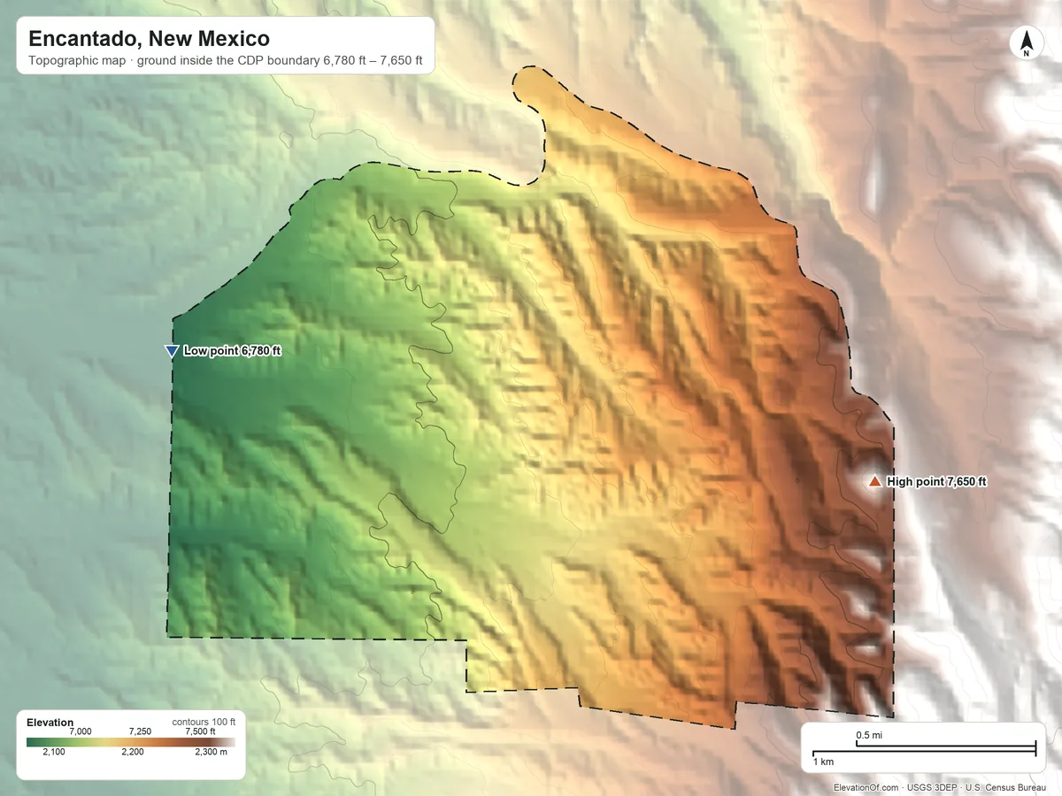 Topographic elevation map of Encantado, New Mexico, shaded from 6,780 ft on the west side to 7,650 ft on the east edge, below higher ground just outside