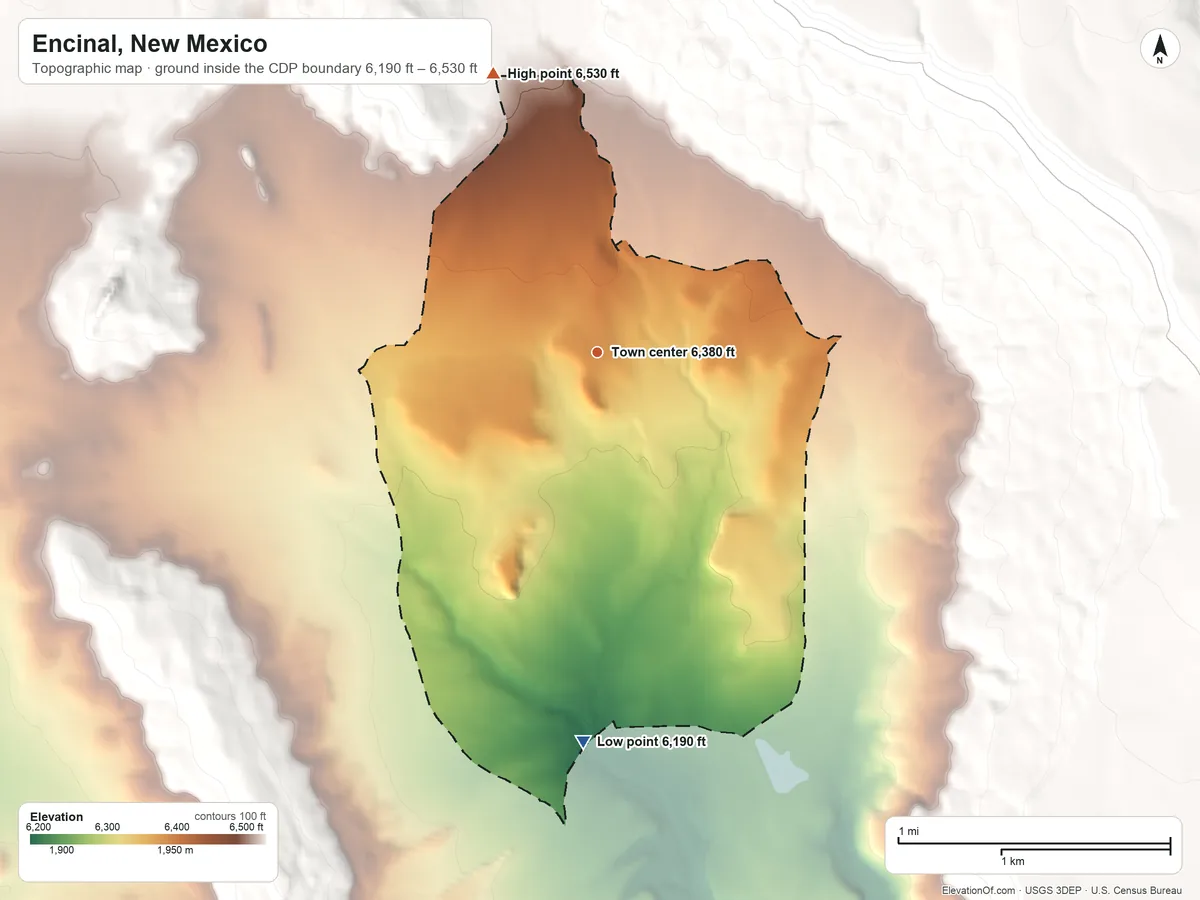 Topographic elevation map of Encinal, New Mexico, shaded from 6,190 ft on the south side to 6,530 ft at the foot of the San Mateo Mountains