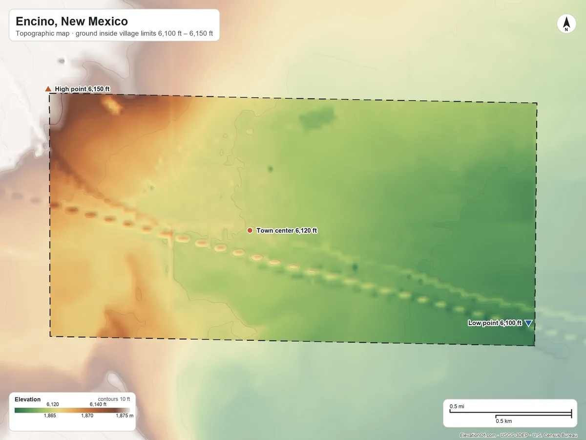 Topographic elevation map of Encino, New Mexico, shaded from 6,100 ft on the east side to 6,150 ft on the northwest side
