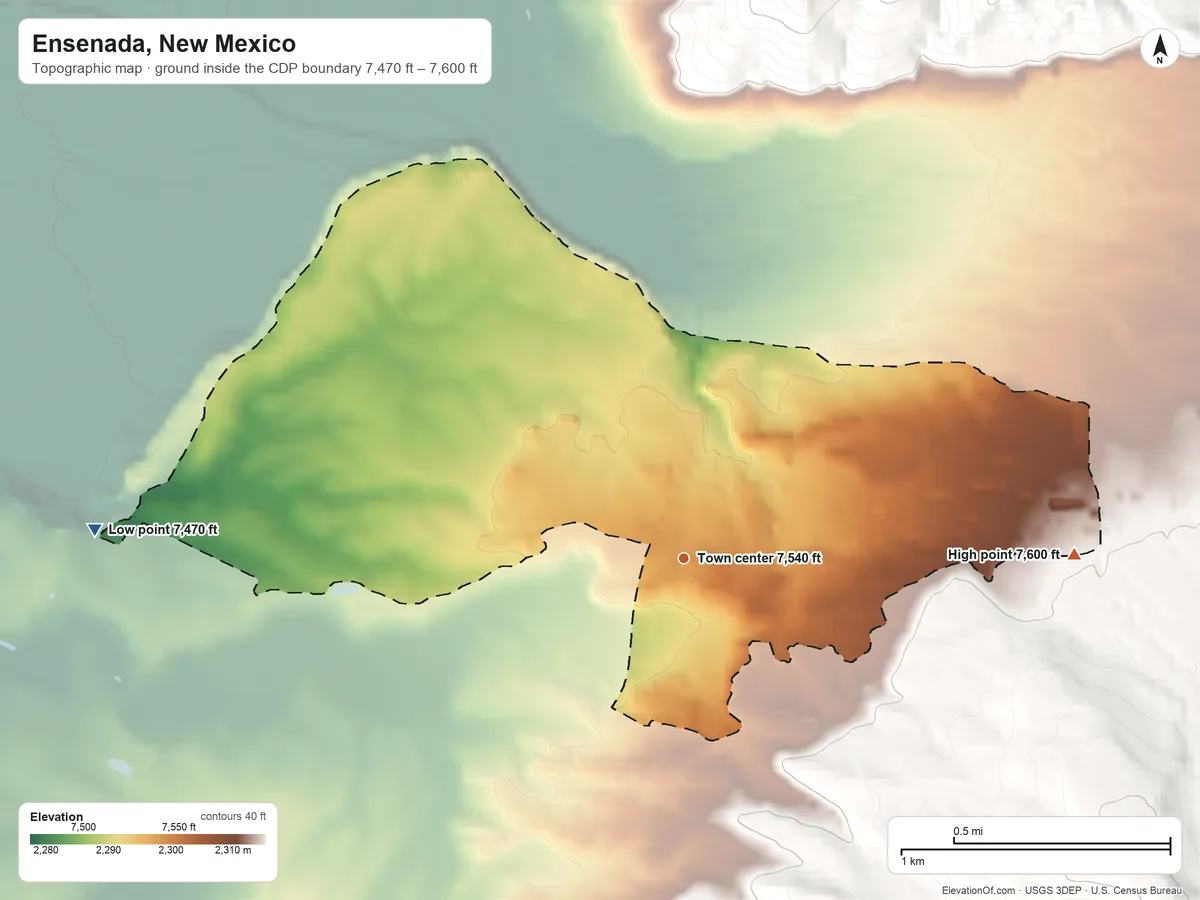 Topographic elevation map of Ensenada, New Mexico, shaded from 7,470 ft on the west side to 7,600 ft on the east edge, below higher ground just outside