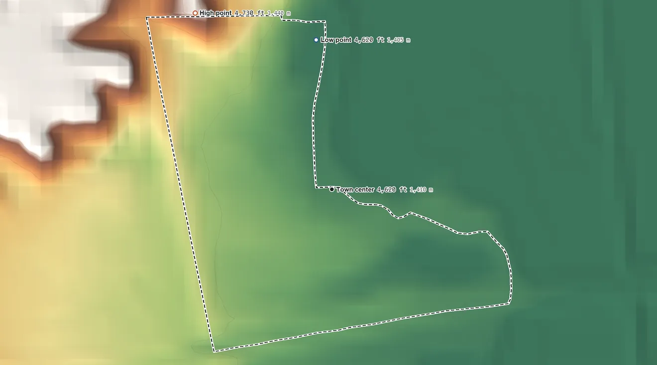 Topographic elevation map of Escondida, New Mexico, shaded from 4,620 ft on the north side to 4,730 ft on the northwest side