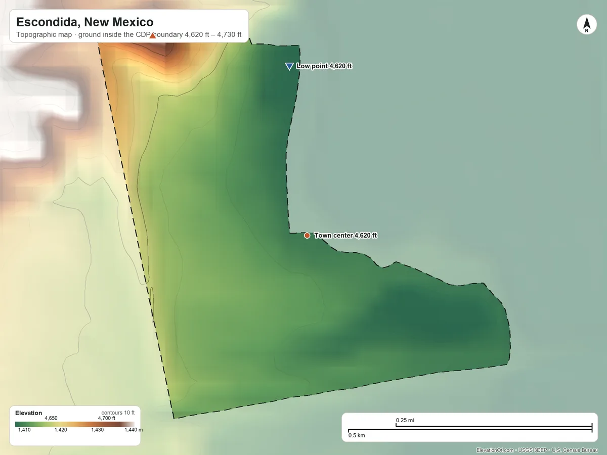 Topographic elevation map of Escondida, New Mexico, shaded from 4,620 ft on the north side to 4,730 ft on the northwest side