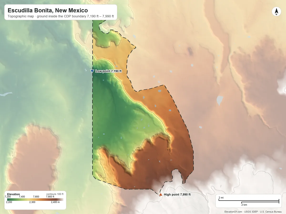 Topographic elevation map of Escudilla Bonita, New Mexico, shaded from 7,190 ft on the northwest side to 7,990 ft on the south edge, below higher ground just outside
