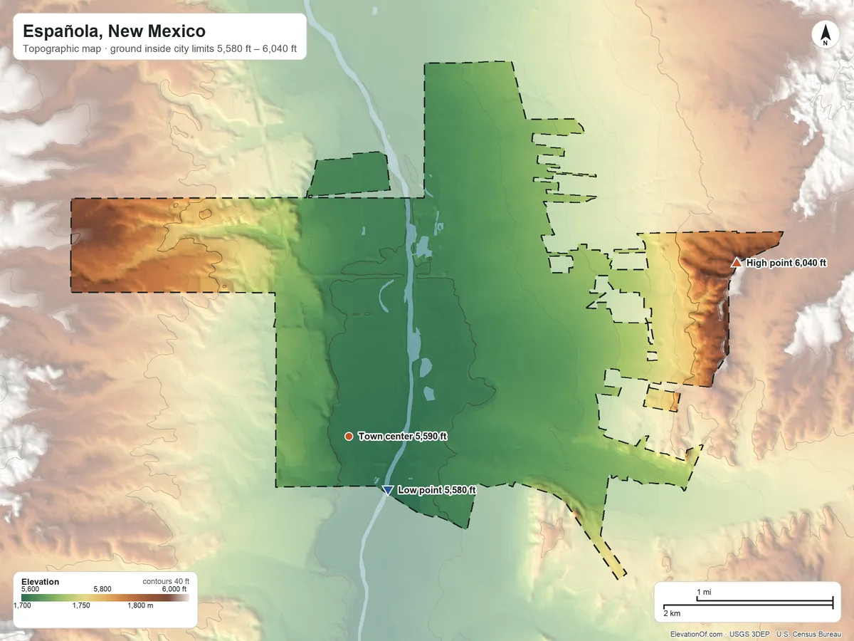 Topographic elevation map of Española, New Mexico, shaded from 5,580 ft near the middle to 6,040 ft on the northeast side